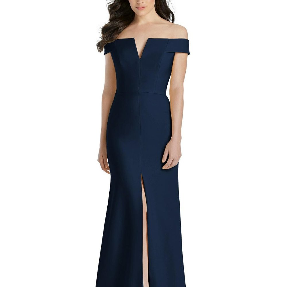 Dessy 3038..Off-the-Shoulder Notch Trumpet Gown with Front Slit..Midnight.Sz 12